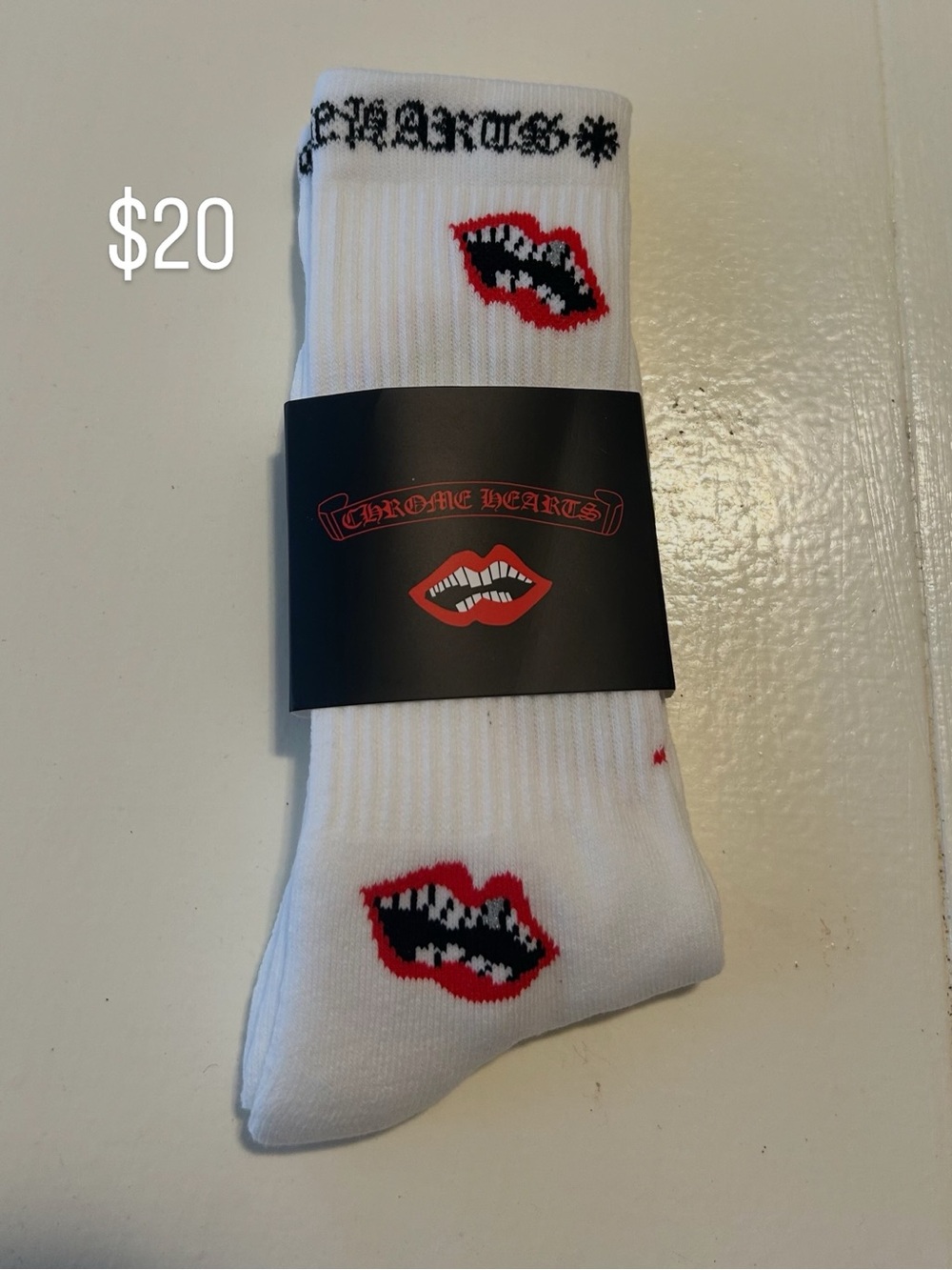 Chrome Hearts White Crew Socks with Red Lip Motif